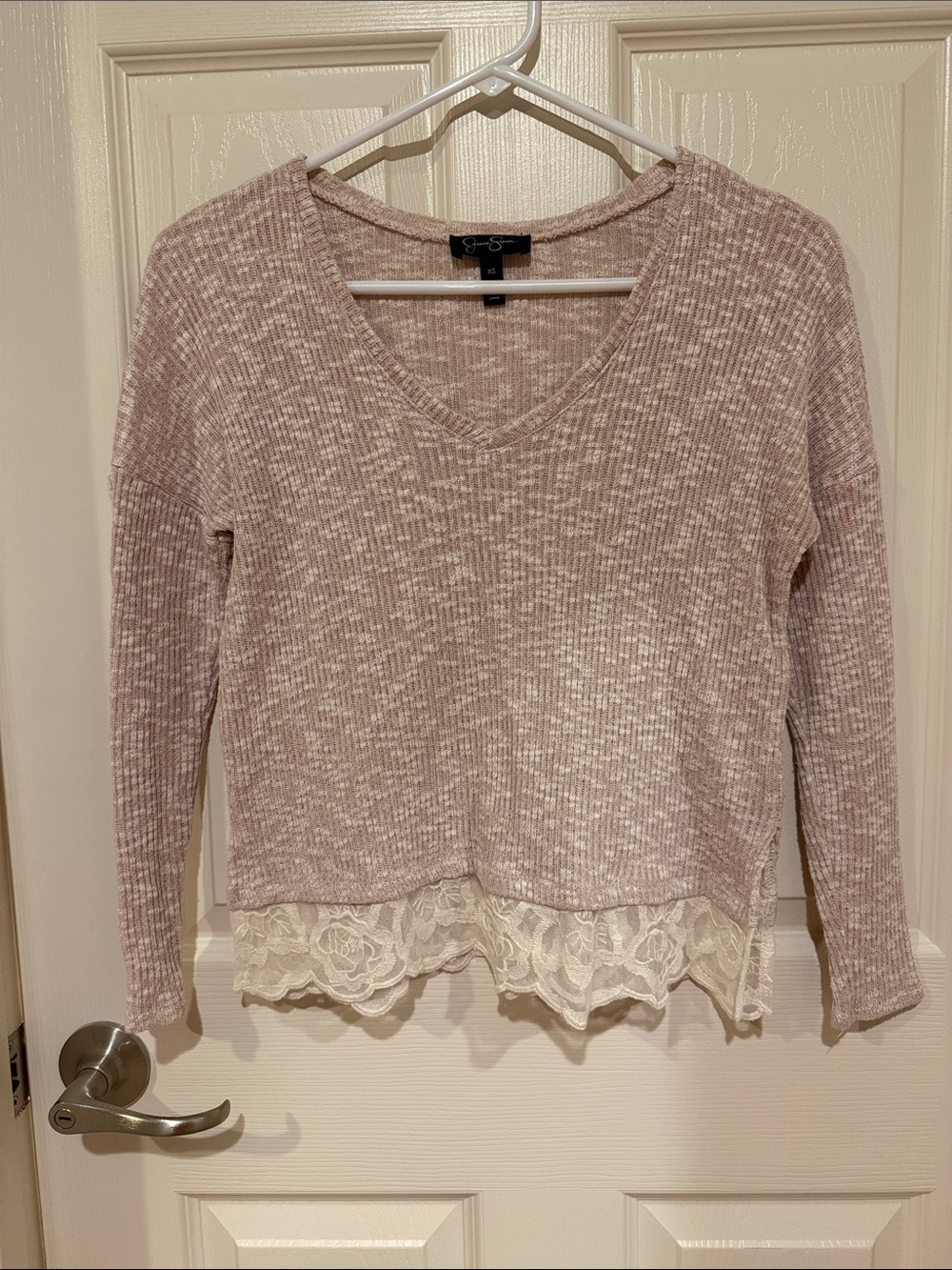 Jessica Simpson Dusty Pink V-Neck Sweater with Lace Hem